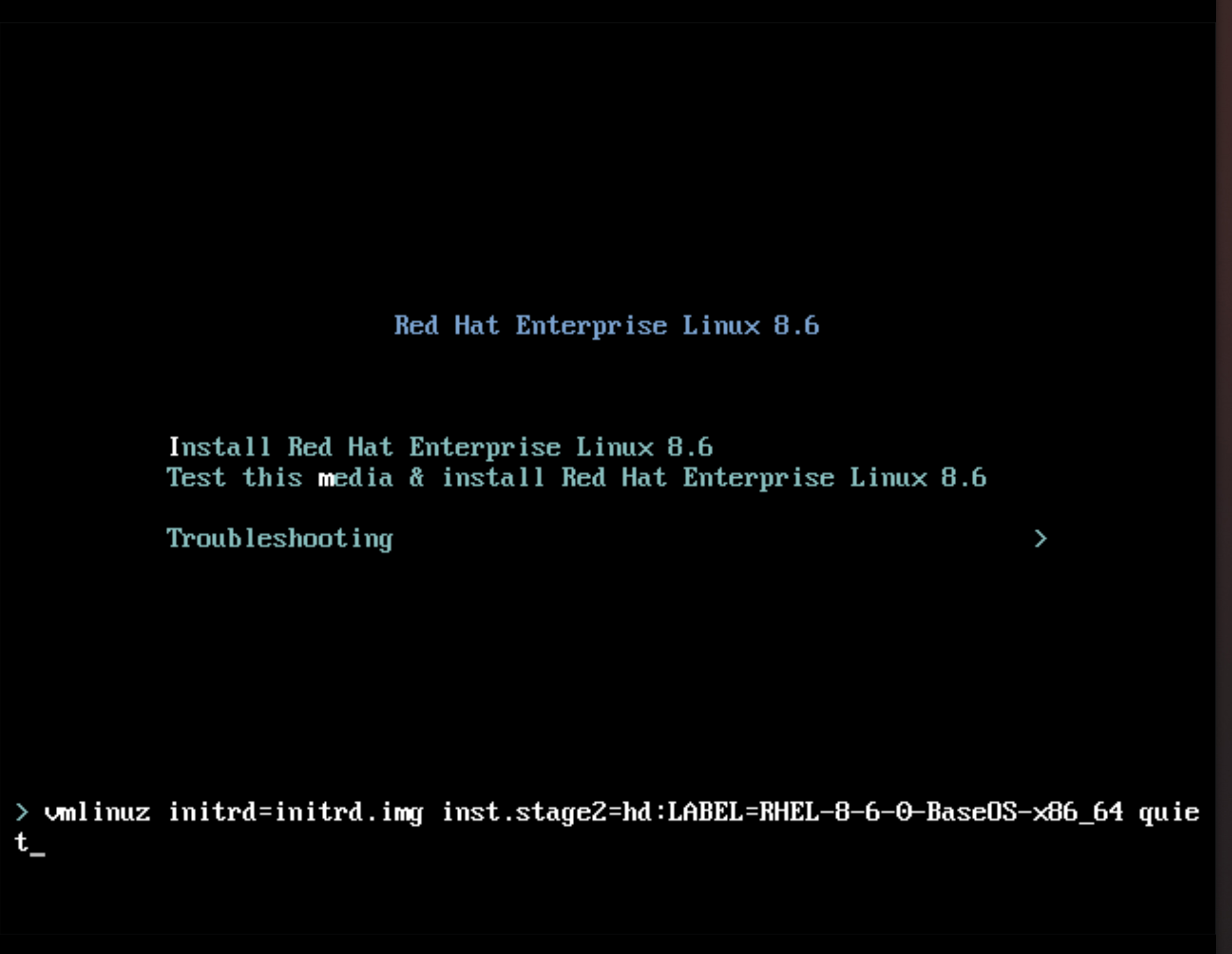 The Red Hat Enterprise Linux boot menu