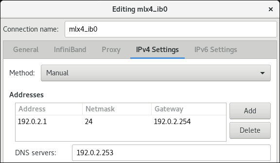 infiniband IPv4 settings nm connection editor