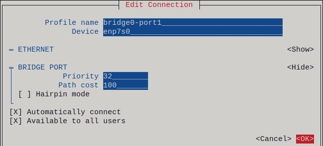 nmtui bridge add port