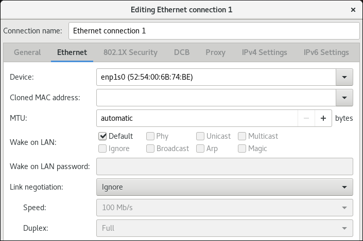 paramètres de connexion ethernet