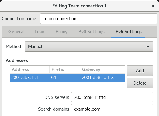 team IPv6 settings nm connection editor