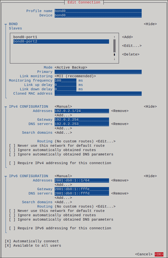 nmtui bond static IP