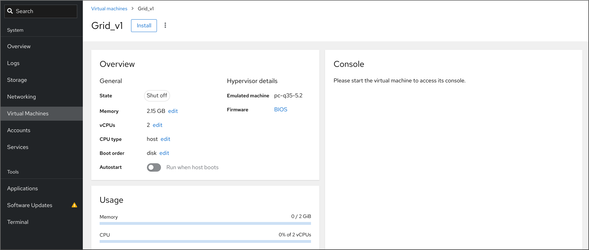 Page displaying detailed information about the virtual machine.