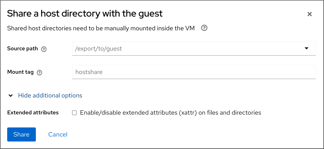 Image displaying the Share a host directory with the guest dialog box.