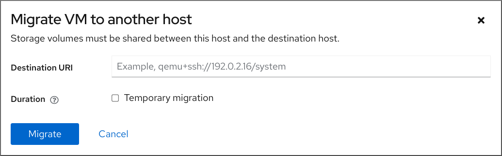 The Migrate VM to another host dialog box with fields to enter the URI of the destination host and set the migration duration.