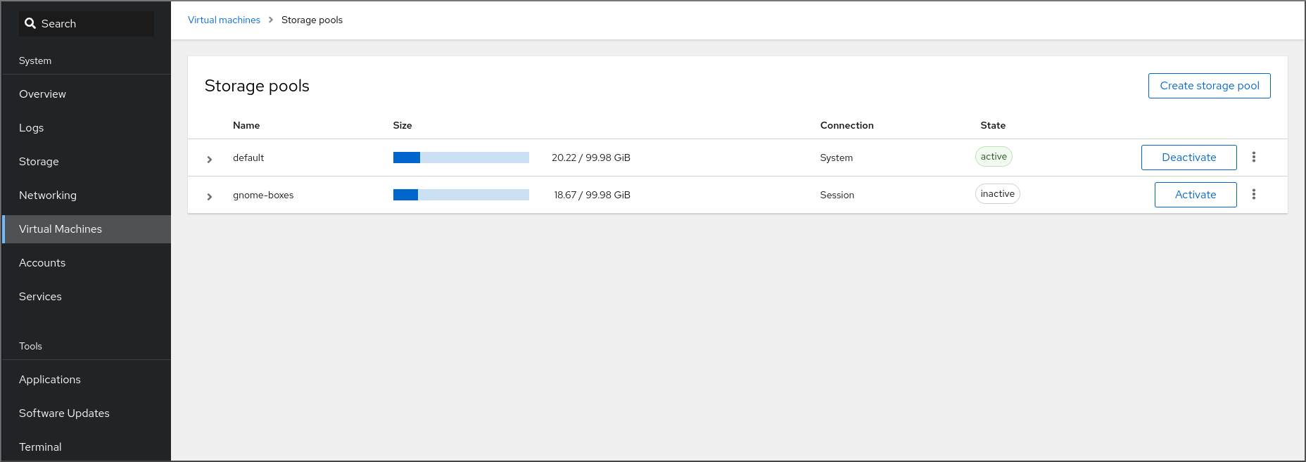 Image displaying the storage pool tab of the web console with information about existing storage pools.