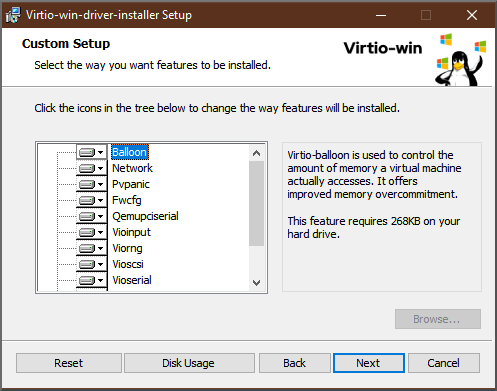Virtio-win-guest-tools セットアップウィザードを表示しているイメージ。