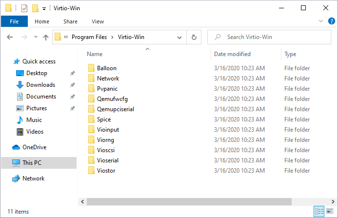 Windows 파일 탐색기에 Virtio-Win 디렉토리를 표시하는 이미지입니다.