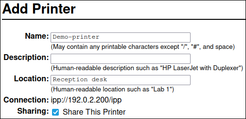 cups add printer details