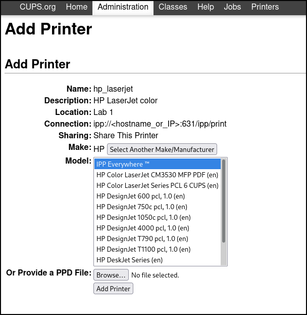 Add printer model IPP frame