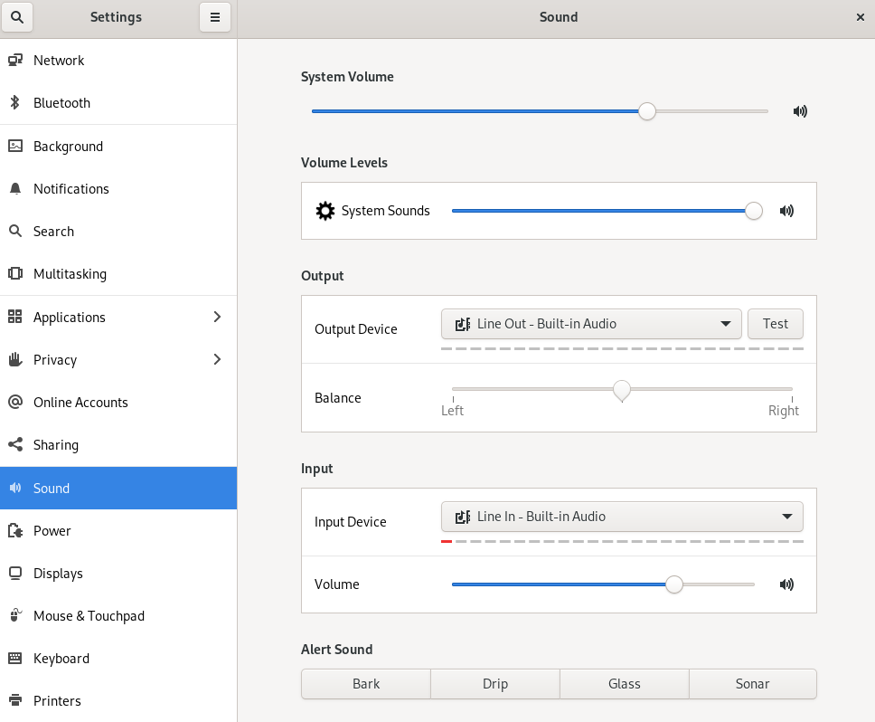 Options in the sound settings