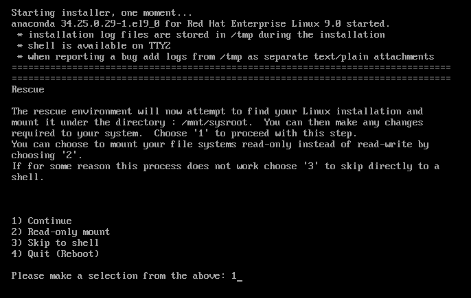 Screenshot of the Rescue screen prompting you to continue and mount the target host under /mnt/sysroot