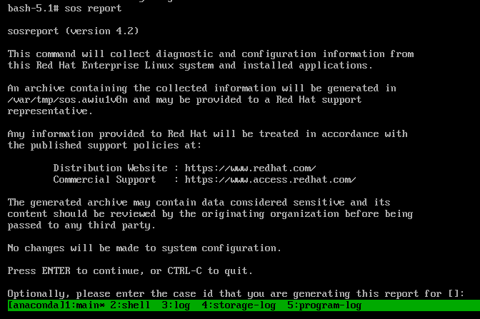 Screenshot of the sos utility prompting you for an optional Red Hat Technical Support case number
