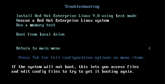 Screenshot of the Troubleshooting screen with the Rescue option selected