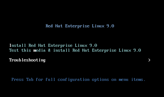 Screenshot of the RHEL Anaconda Installer screen with the Troubleshooting option selected