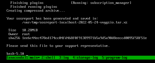 Screenshot of the sos utility reporting the location of the resulting archive