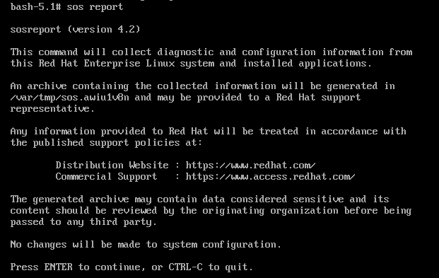 Enter キーを押して sos の実行を継続するよう求めている sos report ユーティリティーのスクリーンショット