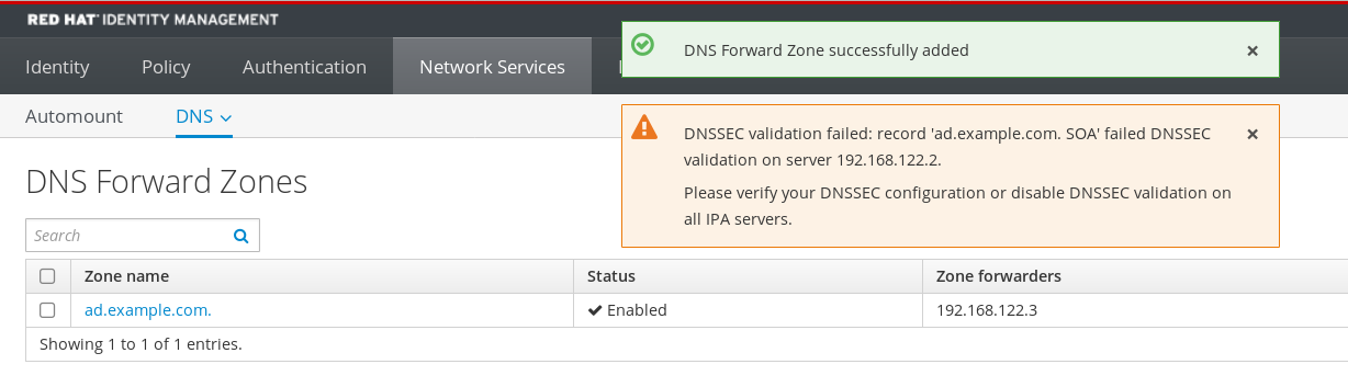 Capture d'écran affichant une fenêtre contextuelle indiquant : "Échec de la validation DNSSEC - l'enregistrement ad.example.com SOA a échoué à la validation DNSSEC sur le serveur 192.168.122.2. Veuillez vérifier votre configuration DNSSEC ou désactiver la validation DNSSEC sur tous les serveurs IPA