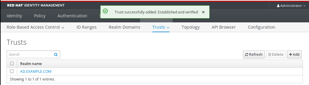La section Trusts de l'IdM WebUI affiche une liste des trusts ajoutés et 2 boutons
