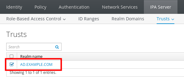 A screenshot of the IdM Web UI displaying the "Trusts" page which is a subpage of the "IPA Server" tab. This page has a table listing "Realm names" and checkbox next to the first entry of "AD.EXAMPLE.COM" is checked.
