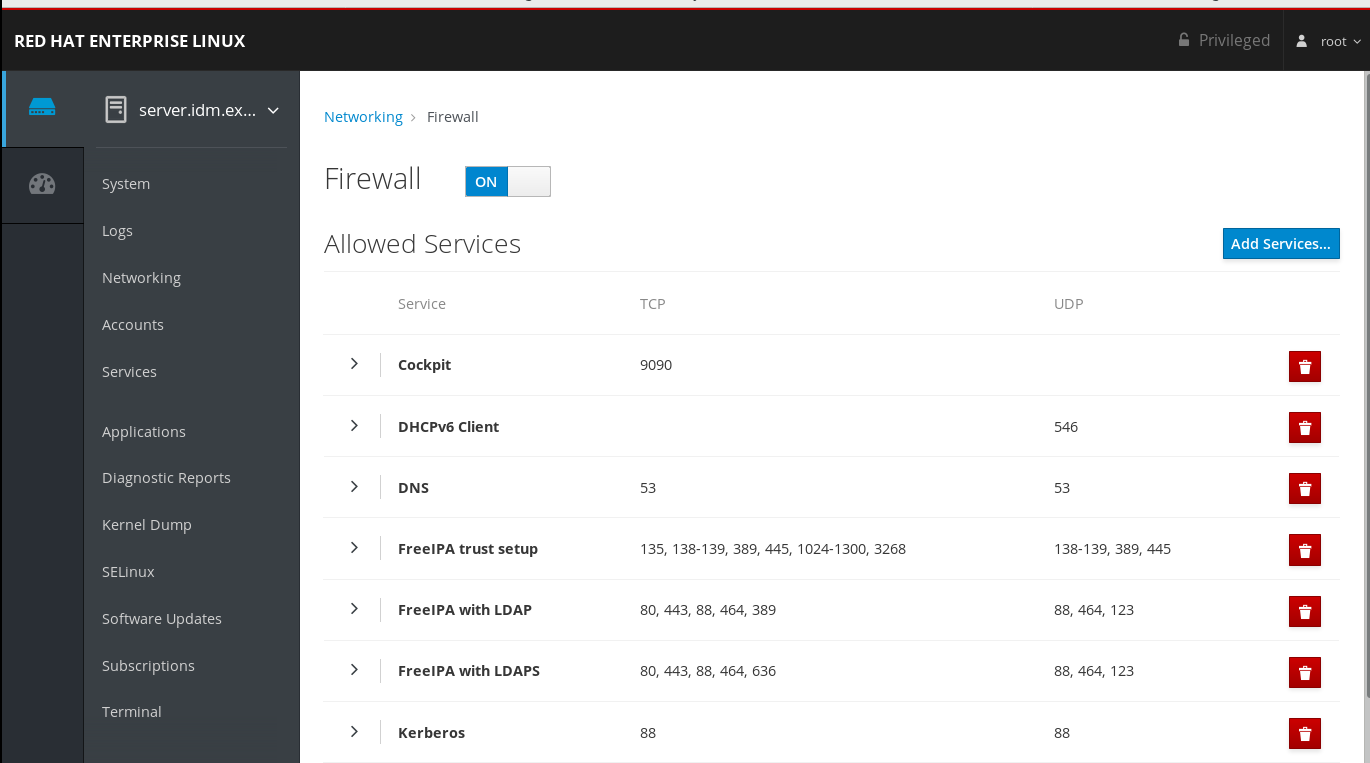A screenshot of the RHEL web console displaying firewall settings in the Networking section. There is a list of "Allowed Services" listing several services and their associated TCP and UDP ports.