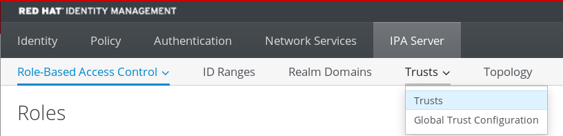 The Trusts section of the IdM WebUI displays a drop-down menu with two options