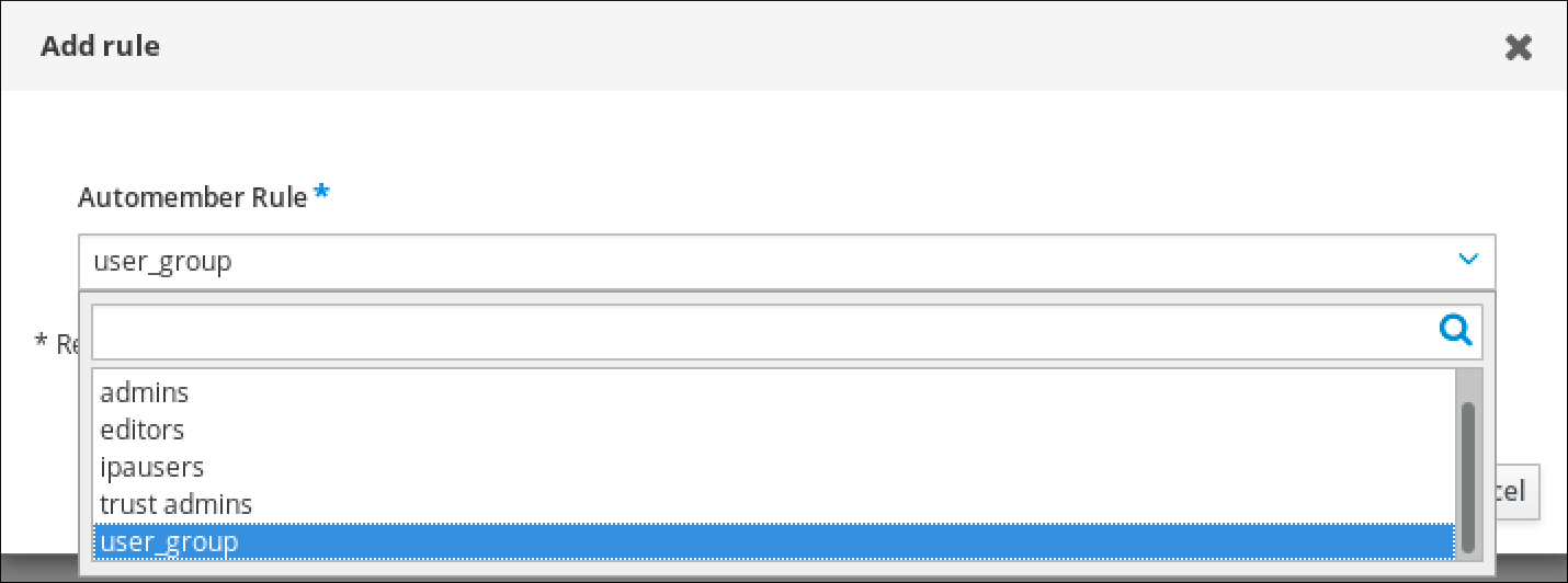 Screenshot of the "Add Rule" window displaying the drop-down field for the Automember Rule where you can choose between rules you have previously defined.
