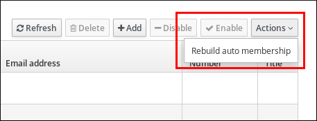 A screenshot highlighting that "Rebuild auto membership" is an option from the "Actions" drop-down menu.