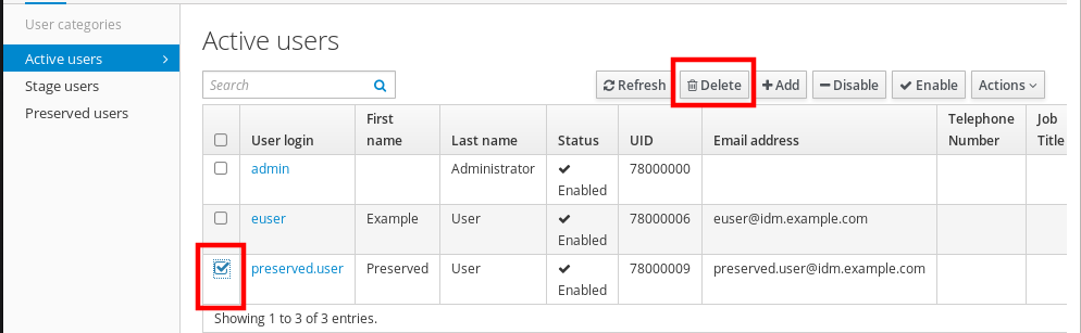 A screenshot of the "Active Users" page displaying a table of users. The checkbox for the entry for the "preserved.user" account has been checked and the "Delete" button at the top is highlighted.