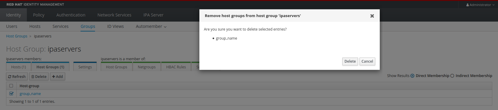 A screenshot of a pop-up window titled "Remove host groups from host group ipaservers." The content says "Are you sure you want to delete the selected entries" and "group_name" below that. There are "Delete" and "Cancel" buttons at the bottom right corner of the window.