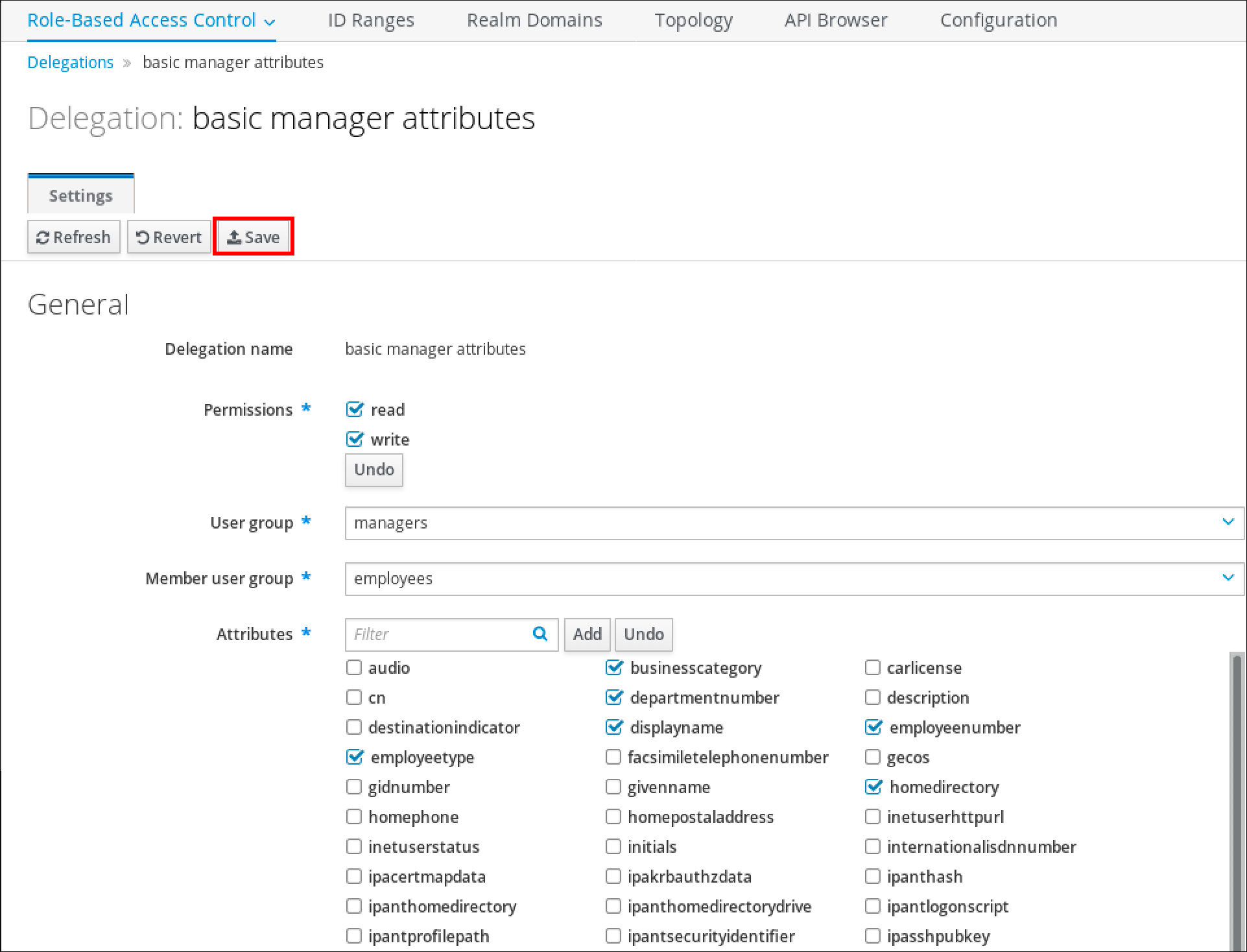 The Delegation page displays details of the "basic manager attributes" Delegation such as the Delegation name - Permissions (which is required - such as "read" and "write") - User group (required such as "managers") - Member user group (required such as "employees") and Attributes (required such as employeetype - businesscategory - departmentnumber - displayname - employeenumber - homedirectory). The "save" button at the top left is highlighted.