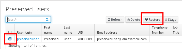 A screenshot of the "Preserved users" page displaying a table of users and their attributes. The checkbox next to one user entry is checked and the "Restore" button at the top right is highlighted.