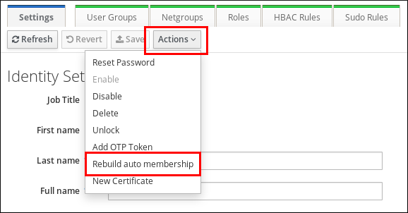 Actions ドロップダウンメニューのコンテンツで多数あるオプションの中で Rebuild auto membership オプションがハイライトされているスクリーンショット