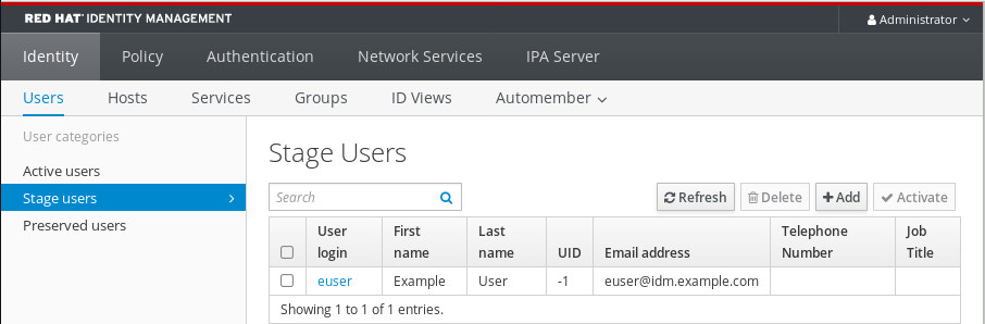 Screenshot of the IdM Web UI showing user entries in the "Stage Users" table. This is selected from the Identity tab - the Users sub-tab - and the Stage users category listed on the left.