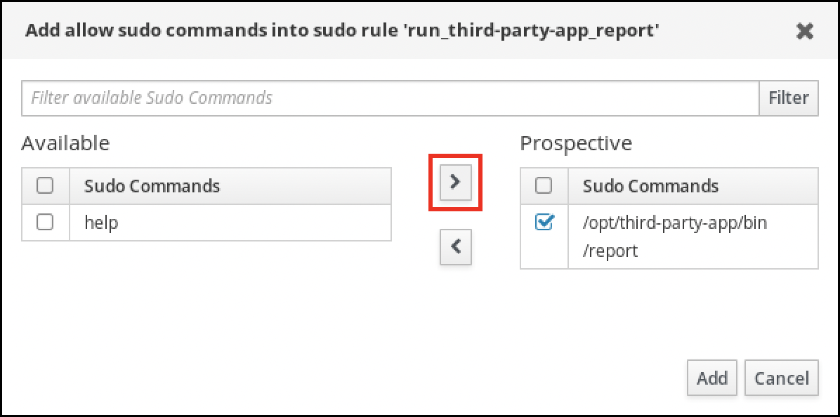 "Add allow sudo commands into sudo rule"라는 팝업 창의 스크린샷입니다. 왼쪽의 Available(사용 가능) 목록에서 sudo 명령을 선택하고 오른쪽의 Prospective 열로 이동할 수 있습니다. 창의 오른쪽 아래에는 "추가" - "Cancel"이라는 두 개의 버튼이 있습니다.