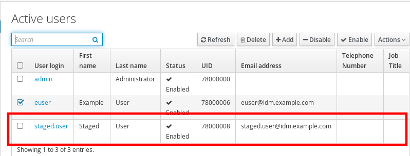 Screenshot of the IdM Web UI showing the "staged.user" user entry in the "Active Users" table. Its status is "enabled."