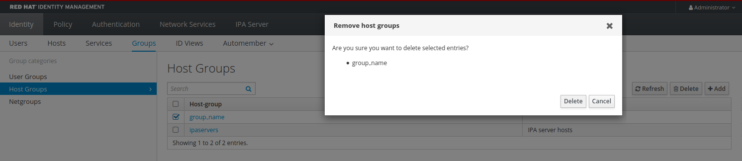 Screenshot of the "Remove host groups" pop-up window asking if you are sure you want to delete the selected entries. There are two buttons at the bottom right: "Delete" and "Cancel."