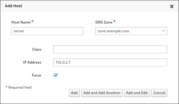 添加主机向导的屏幕截图，其中填充了以下字段：Host name - DNS Zone - IP Address