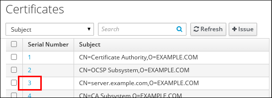 A screenshot of the "Certificates" page of the IdM Web UI displaying a table of certificates. The certificates are organized by their Serial Numbers and their Subject. The Serial Number "3" is highlighted for the third certificate in the table.