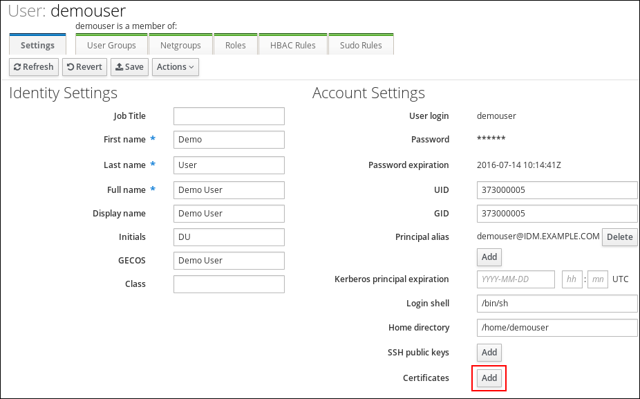 Screenshot of a page displaying settings for the user "demouser" with an Identity Settings column on the left with entries such as Job Title - First name - Last name - Full name - Display name. The "Account Settings" column is on the right with entries such as User login - Password - UID - GID. The "Add" button for the "Certificates" entry is highlighted.