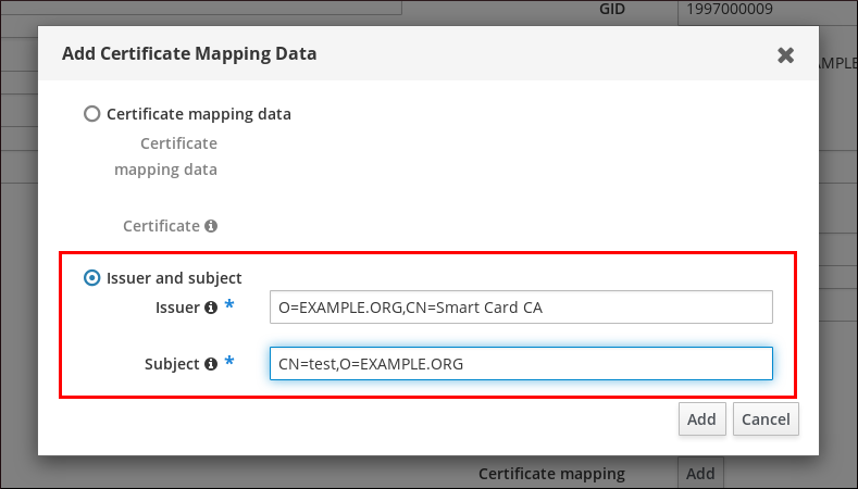 Screenshot of the "Add Certificate Mapping Data" pop-up window with two radial button options: "Certificate mapping data" and "Issuer and subject." "Issuer and subject" is selected and its two fields (Issuer and Subject) have been filled out.