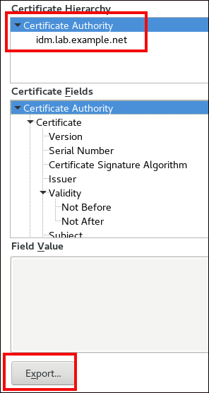 A screenshot displaying information for the idm.lab.example.net Certificate Authority. "Certificate Authority" has been highlighted in the "Certificate Fields" expanding tree. The "Export…​" button at the bottom has also been highlighted.