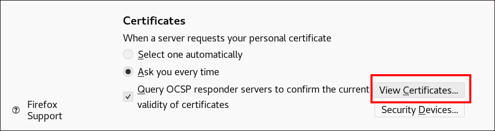 A screenshot of the "Certificates" section and the "View Certificates" button at the bottom right is highlighted.