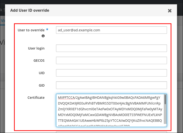 Screenshot displaying the "Add User ID override" pop-up window with the following fields: User to override (which is required) - User login - GECOS - UID - GID - Certificate (which has been filled in with the plaintext version of a certificate).
