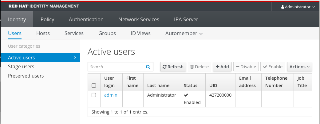 A screenshot of the first screen visible after logging in to the IdM Web UI. There are 5 tabs listed along the top of the screen: Identity - Policy - Authentication - Network Services - IPA Server. The Identity tab has been selected and it is displaying the Users page which is the first menu item among 6 choices just below the tabs: Users - Hosts - Services - Groups - ID Views - Automember. The Active users page displays a table of user logins and their information: First name - Last name - Status - UID - Email address - Telephone number - Job Title.