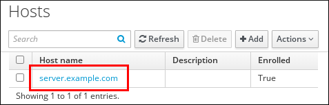 ホストページのスクリーンショット。ホストと属性 ("Host name" - "Description" - "Enrolled") の表が表示されています。 最初のエントリーのホスト名が強調表示されています。