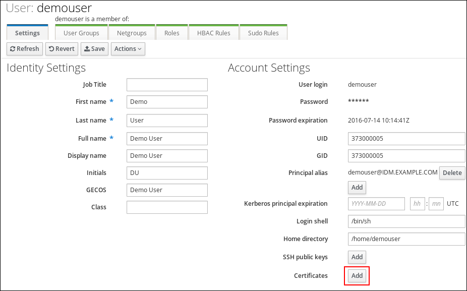ユーザー「demouser」の設定が表示されているページのスクリーンショット。左側の「Identity Setting」コラムで Job Title - First name - Last name - Full name - Display name などの項目が入力されています。「Account Settings」コラムが右側にあり、User login - Password - UID - GID などの項目が入力されています。「証明書」エントリーの「追加」ボタンが強調表示されています。