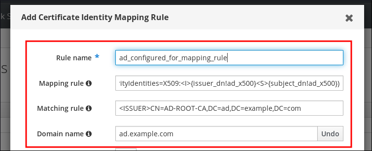 Rule name (必須) - Mapping rule - Matching rule のフィールドに入力済みの Add Certificate Identity Mapping Rule ポップアップウィンドウのスクリーンショット。"Priority" のフィールドは空白で、"Domain name" のラベルの横に "Add" ボタンがあります。