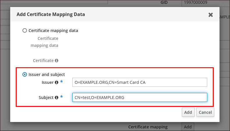 "Certificate mapping data" 및 "Issuer and subject"의 "Certificate mapping data" 및 "Issuer and subject"의 두 가지 옵션이 있는 "인증서 매핑 데이터" 팝업 창의 스크린샷이 선택되었으며 두 필드(Issuer 및 Subject)가 입력되었습니다.