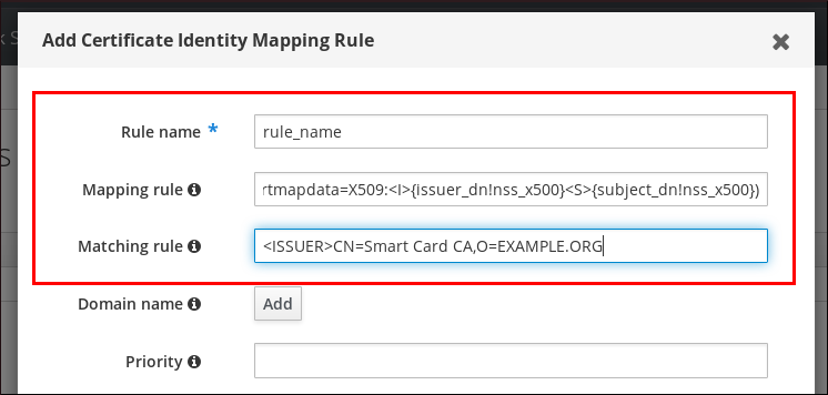 "Add Certificate Identity Mapping Rule"(추가 인증서 ID 매핑 규칙 추가) 팝업 창에 표시된 다음 필드(예: 규칙 이름) - 매핑 규칙 - 일치 규칙의 스크린샷입니다. Priority 필드는 비어 있으며 도메인 이름 레이블 옆에 Add 버튼이 있습니다.